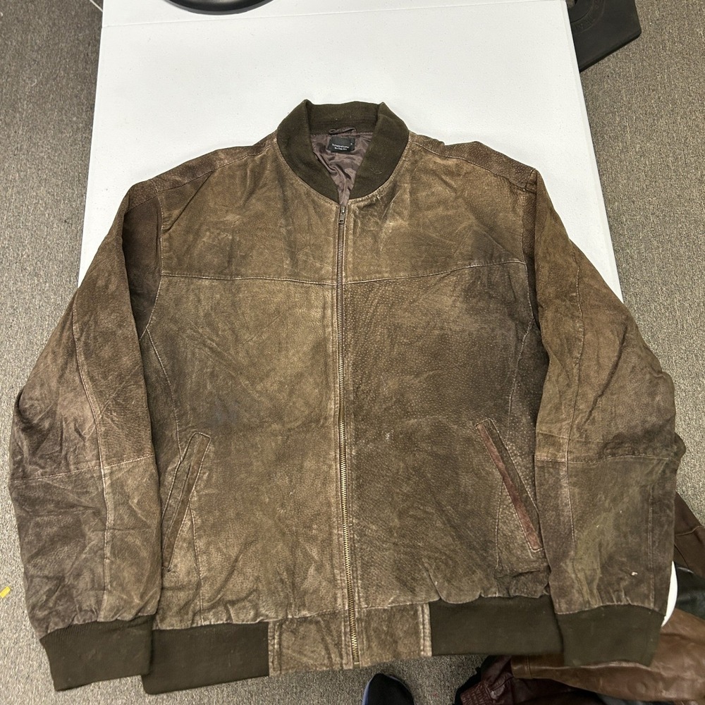 Pacific Leather Bomber Jacket Mens XL Brown Suede Full Zip Ribbed Trim F3